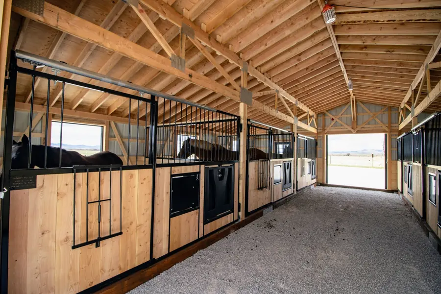 Row of 12×12 stalls with black grilles and hinged gated fronts, daylight down the center alley