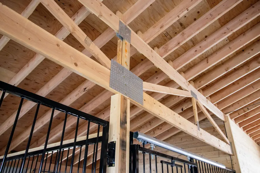 Exposed timber-frame roof structure inside the horse barn, open workspace below