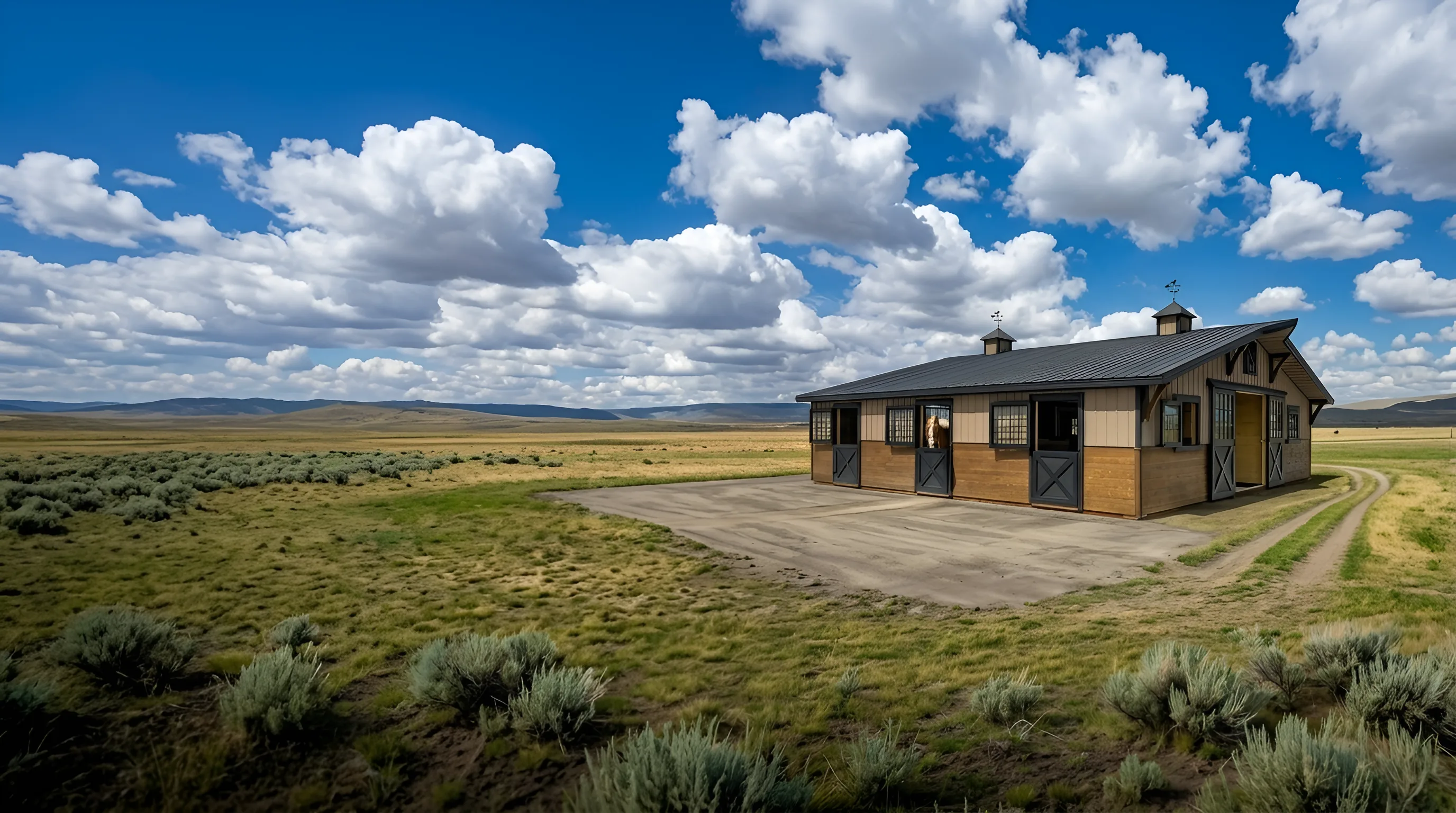 Two-piece horse barn with twin cupolas on open Montana pasture under a big summer sky, a horse looking out of a stall door