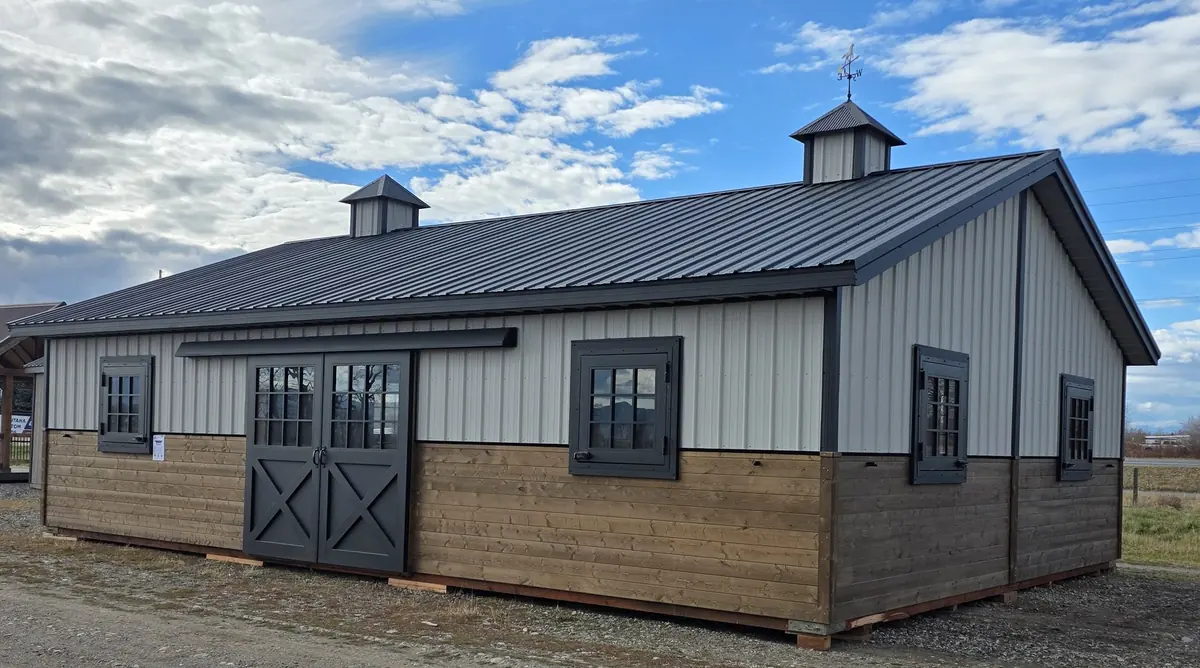 24×36 two-piece horse barn with powder-coated Dutch doors, Bozeman, Montana