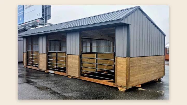 12×36 three-stall lean-to stable in Townsend, with steel gates across three open stalls under a metal roof
